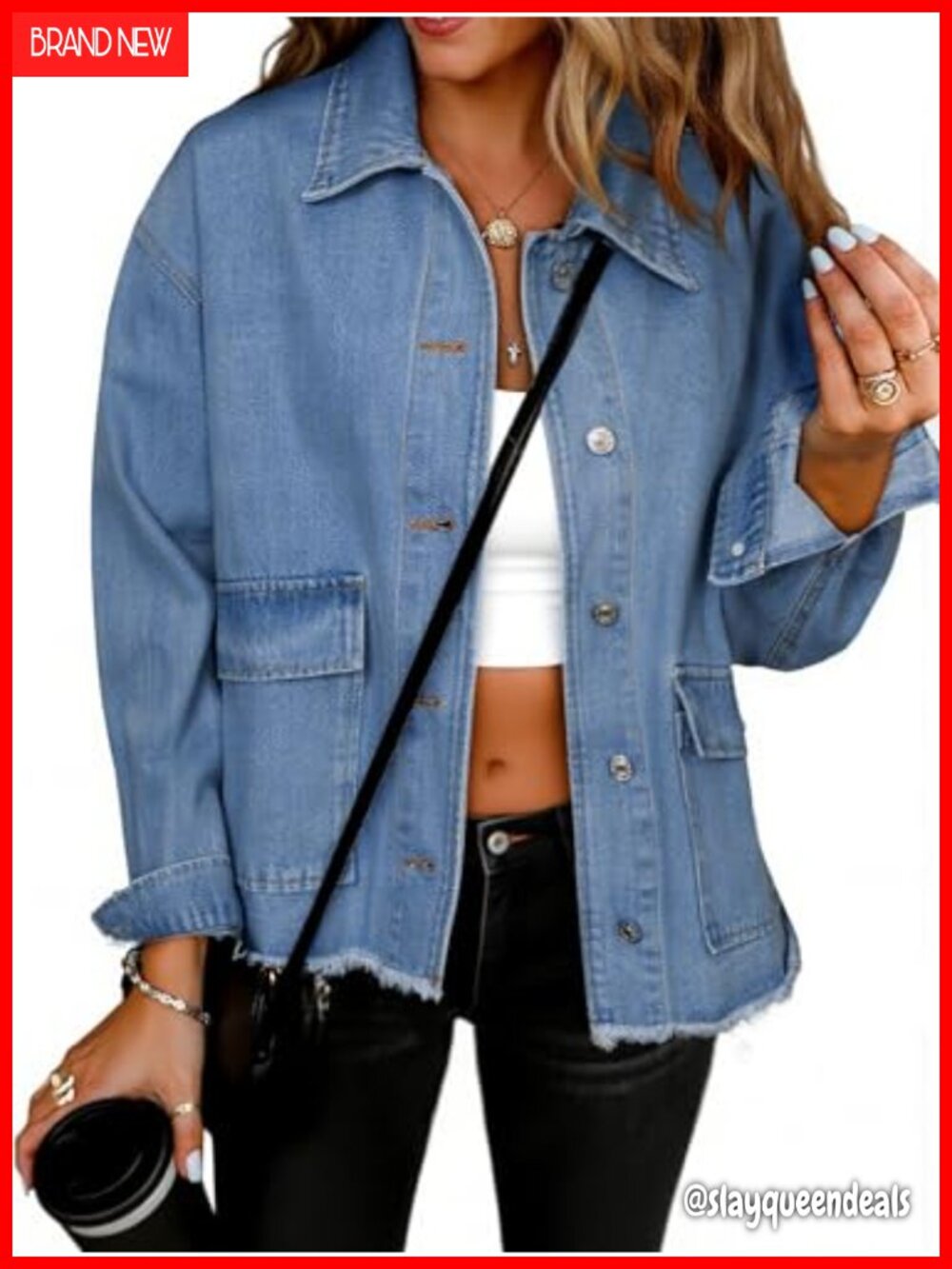 Womens Cropped Denim Jacket Button Down Frayed Hem Loose Fit
